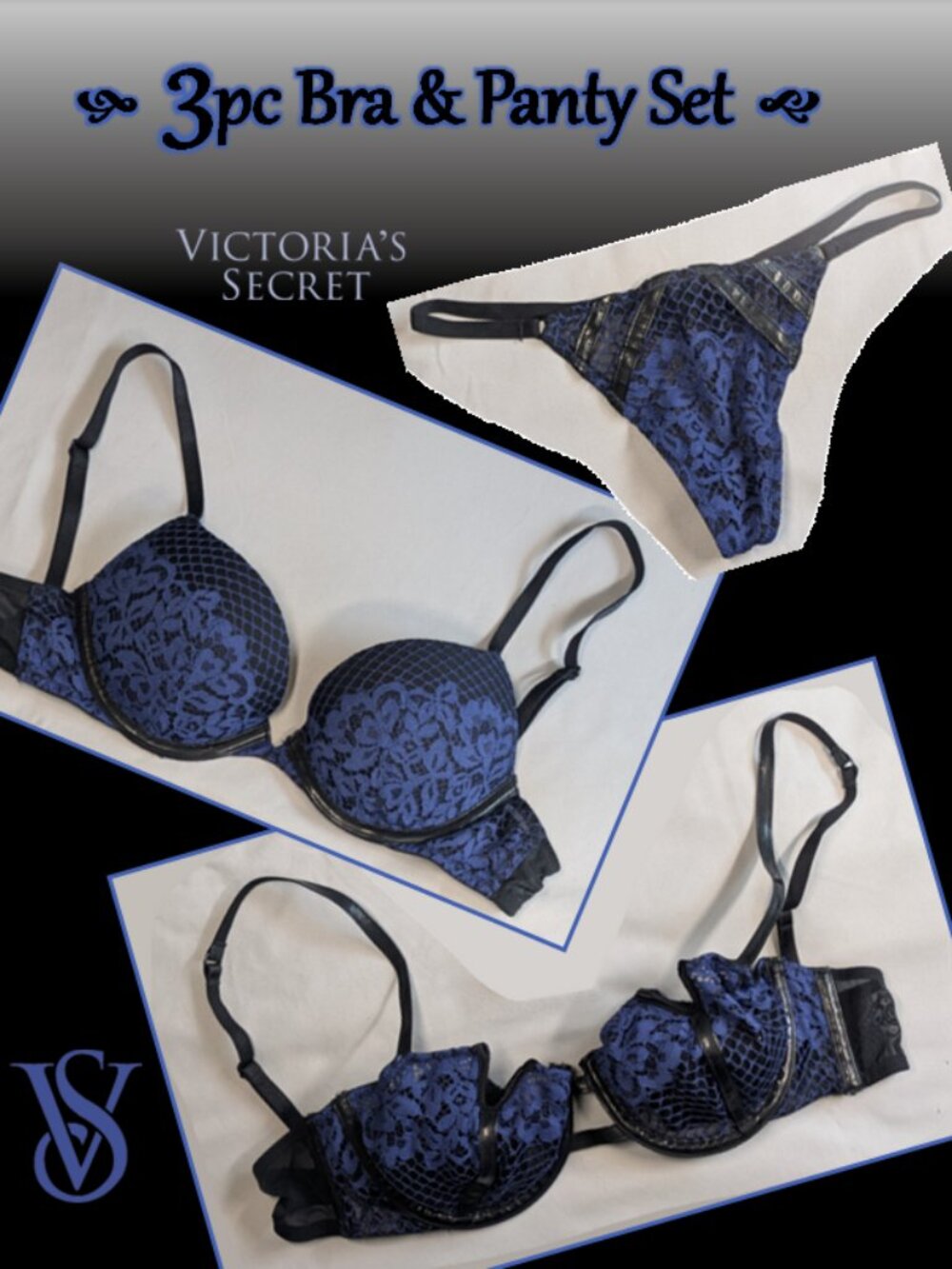 3pcs Sexy Victoria's Secret Blue Black Fishnet Leather Lace Bra & Panty